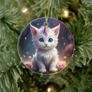 "Funkelnde Pfoten: Das zauberhafte Einhorn-Kätzche Keramik Ornament