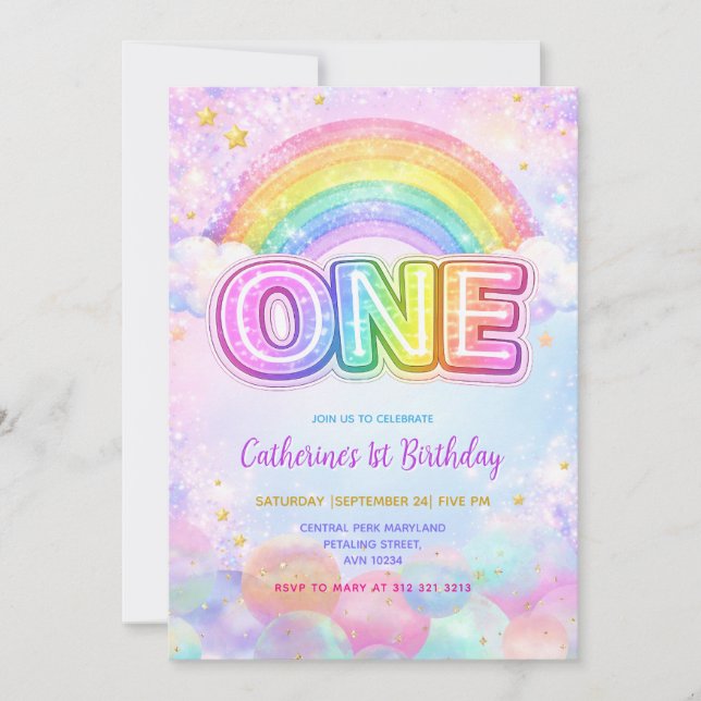 Funkelnde Regenbogen 1. Geburtstagsfeier Einladung (Vorderseite)