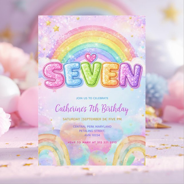 Funkelnde Regenbogen 7. Geburtstagsfeier Einladung (Von Creator hochgeladen)