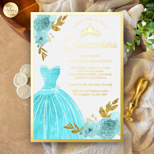 Funkelnde Robe Aqua Blau Floral Quinceanera Gold Folieneinladung