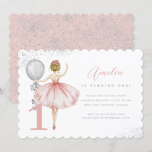 Funkelnde rosa Ballerina zum ersten Geburtstag Einladung