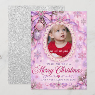 Funkelnde rosa Flieder Glitter Weihnachtsfoto Urla Feiertagskarte