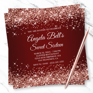 Funkelnde Roségold-Glitter-Dunkelrote Sweet Sixtee Einladung