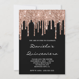 Funkelnde Roségold-Glitter-Tropfen Schwarze Quince Einladung