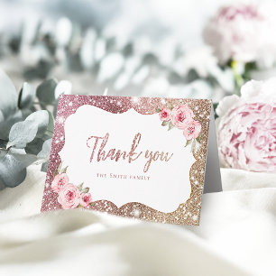 Funkelnde Roségold-Glitter und florale Danke