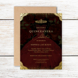 Funkelnde rote Goldkleid-Tiara Quinceanera Folieneinladung
