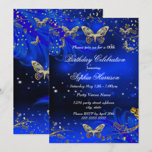 Funkelnde Royal Blue Gold Schmetterling Geburtstag Einladung