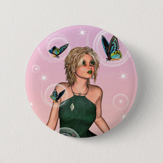 Funkelnde Schmetterlingsfee Fantasy-Kunst Button (Vorderseite)