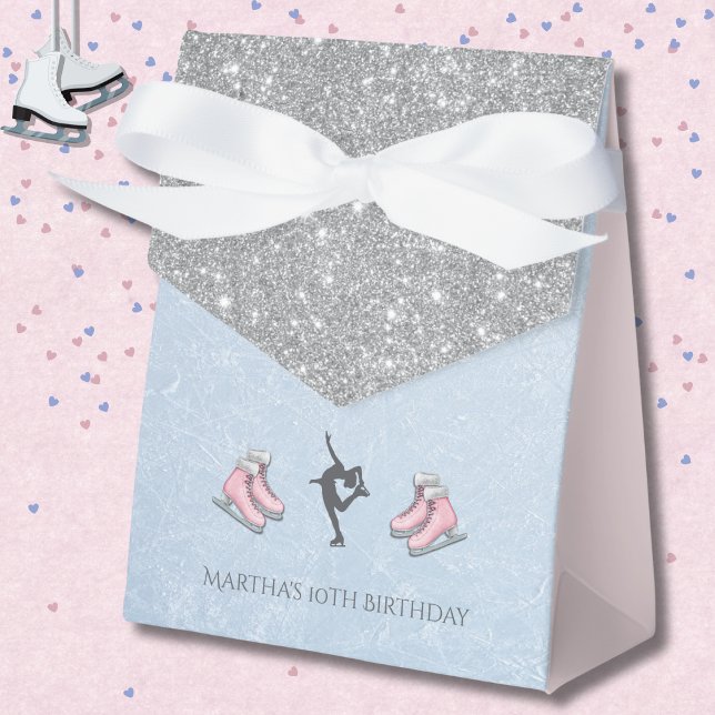 Funkelnde Silber Glitter Figur Eisläufer Geburtsta Geschenkschachtel (Elegant Ice Skater Favor Boxes with Silver Glitter and Icy Blue accents)