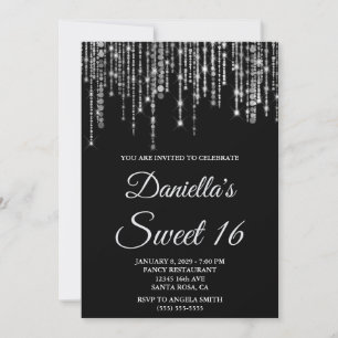 Funkelnde Silber-Lichterkette Schwarz Sweet 16 Einladung