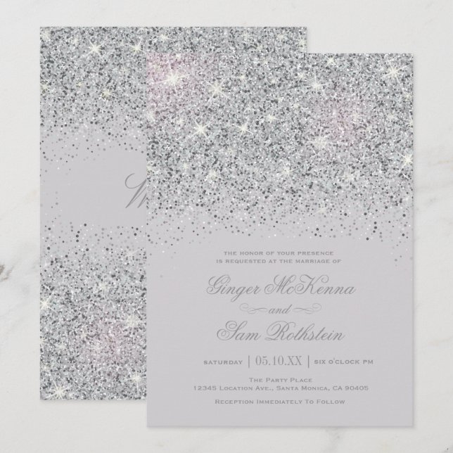 Funkelnde silberne Glitzer-Hochzeits-Einladungen Einladung (Vorne/Hinten)