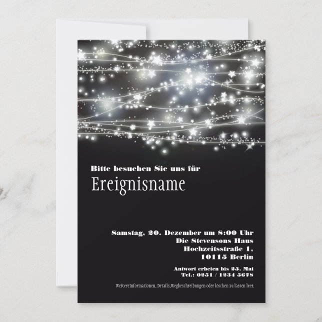 Funkelnde Sterne Partei Schwarzweiss Einladung (Vorderseite)