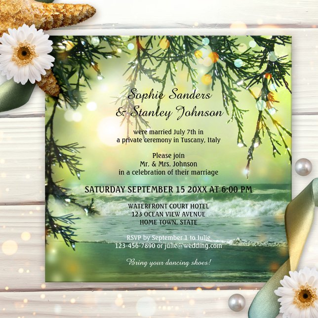 Funkelnde Strand-Hochzeitseinladung oder Einladung (Wedding reception only invitation featuring a painting of an ocean with sparkling bokeh lights)