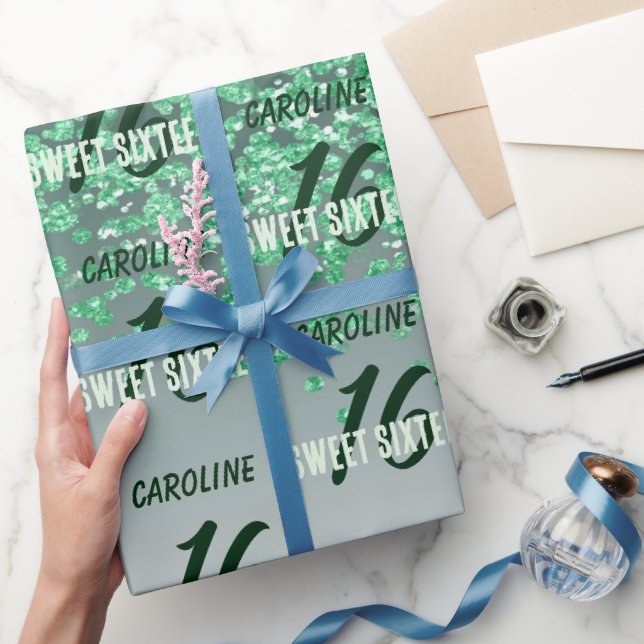 Funkelnde Sweet 16 Fallender grüner Glitter Geschenkpapier (Schenken)