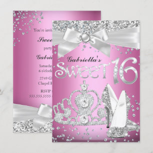 Funkelnde Tiara & Absätze Sweet 16 Einladung Pink