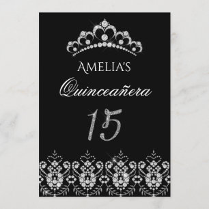 Funkelnde Tiara Silber Schwarze Quinceanera Einlad Einladung