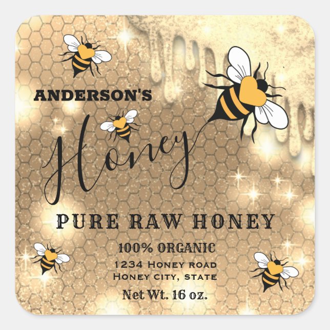 Funkelnde Tropfen Bee script Honigklee Quadratischer Aufkleber (Vorderseite)