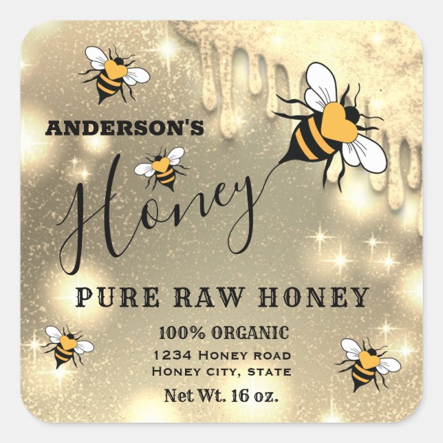 Funkelnde Tropfen Bee script Honigklee Quadratischer Aufkleber (Vorderseite)