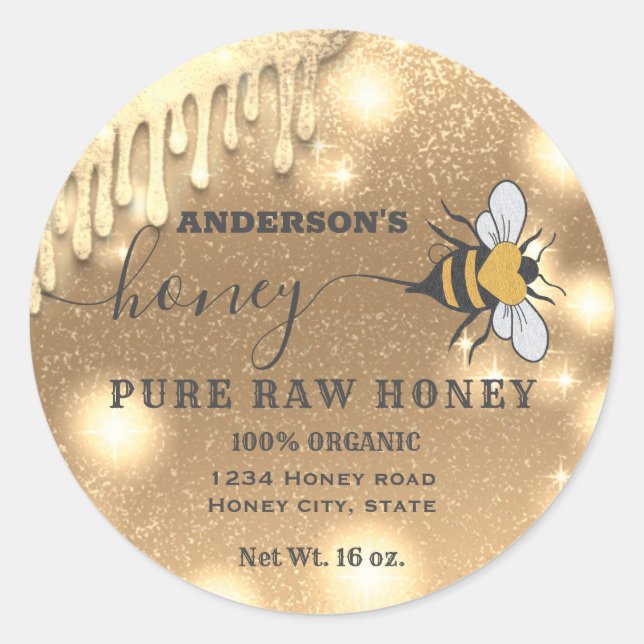 Funkelnde Tropfen Bee script Honigklee Runder Aufkleber (Vorderseite)