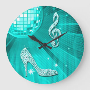 Funkelnde Türkis-Musiknote & Stiletto-Absatz Große Wanduhr