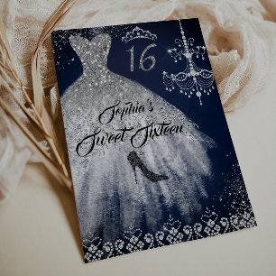 Funkelnder Diamant Kleid Navy Silber Sweet 16 Einladung