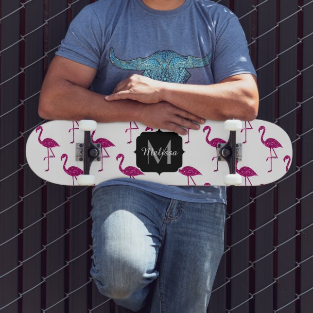 Funkelnder Flamingo Rosa Glitzer Muster Monogramm Skateboard (Außenbereich 3)