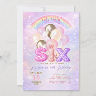 Funkelnder Regenbogen Glitter Sechs Ballon Geburts Einladung