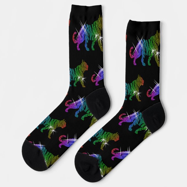 Funkelnder Regenbogen-Glitter-Tiger-Tier-Muster  Socken (Linkes Detail)