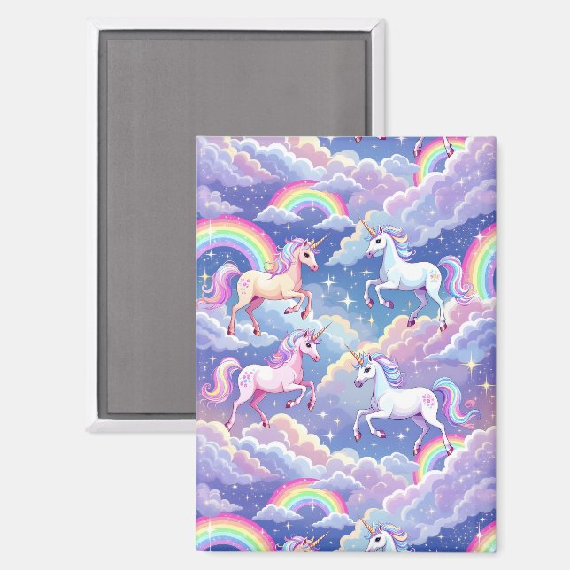 Funkelnder Regenbogen und Einhörner auf Wolken Magnet (Vorderseite/Rückseite)