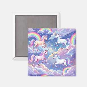 Funkelnder Regenbogen und Einhörner auf Wolken Magnet