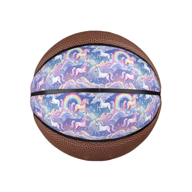 Funkelnder Regenbogen und Einhörner auf Wolken Mini Basketball (Vorderseite)