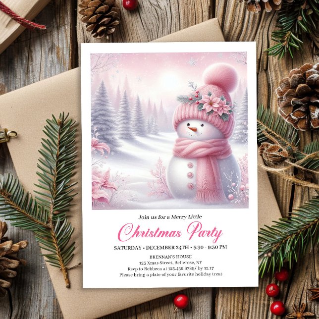 Funkelnder Rosa Schneemann Editierbare Weihnachts- Einladung (Sparkly Pink Snowman Editable Christmas Invite Download)