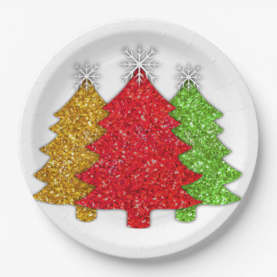Funkelnder roter grüner Weihnachtsbaum-Schneestern Pappteller