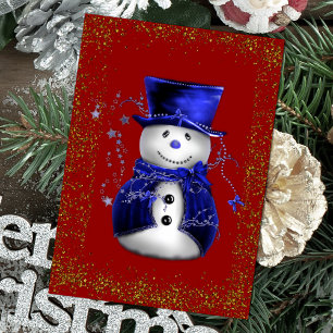 Funkelnder Schneemann in blauem Samt Weihnachten Karte