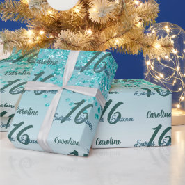 funkelnder Sweet 16 Falling Aquamarin Blue Glitzer Geschenkpapier