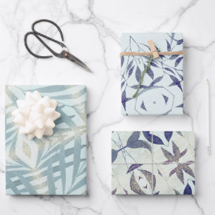 Funkelndes blaues Blattmuster Geschenkpapier Set