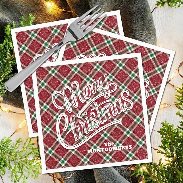 Funkelndes Frohe Weihnachten Karo Serviette (Sparkly Merry Christmas Plaid Cocktail Party Napkins)