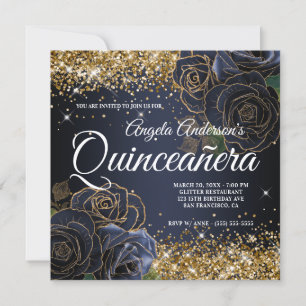 Funkelndes Gold Glitter Navy Blau Rose Quinceañera Einladung