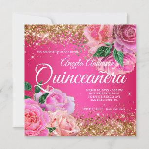 Funkelndes Gold Glitter Rosa Rose Glam Quinceañera Einladung