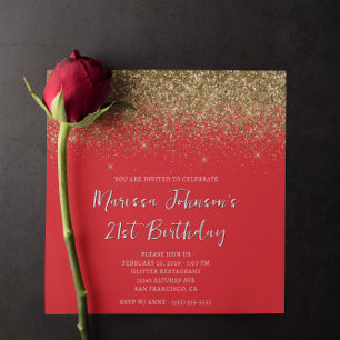 Funkelndes Gold Glitter Rot 21. Geburtstag Einladung