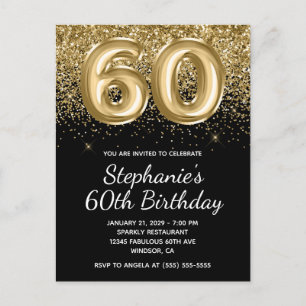 Funkelndes Gold Glitter Schwarzer Luftballon 60. G Einladungspostkarte