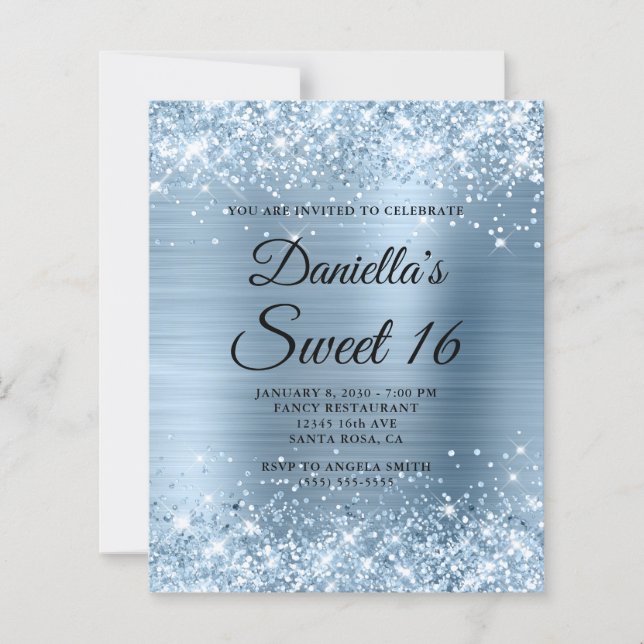 Funkelndes Hellblaues Glitter und Folien Sweet 16 (Vorderseite)