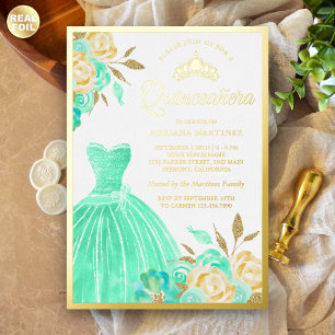 Funkelndes Kleid Mintgrün Floral Quinceanera Gold Folieneinladung