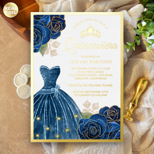 Funkelndes Kleid Navyblaue Rosen Quinceanera Gold Folieneinladung