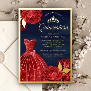 Funkelndes Kleid Rote Rosen Navy Quinceanera Gold Folieneinladung