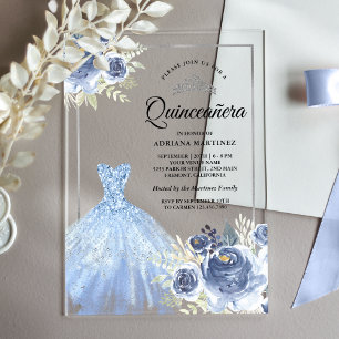 Funkelndes Kleid Sanfte Blaue Rosen Silber Quincea Acryleinladungen