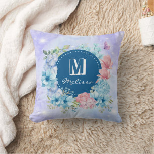 Funkelndes modernes lila blaues Wasserfarben-Blume Kissen