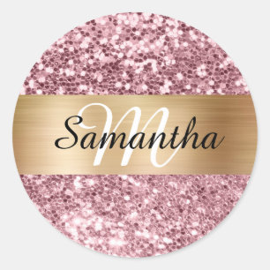 Funkelndes Rosa Glitter Gold Schimmer Monogramm Runder Aufkleber