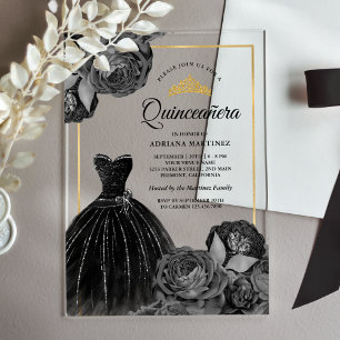 Funkelndes schwarzes Kleid Graue Rosen Gold Quince Acryleinladungen