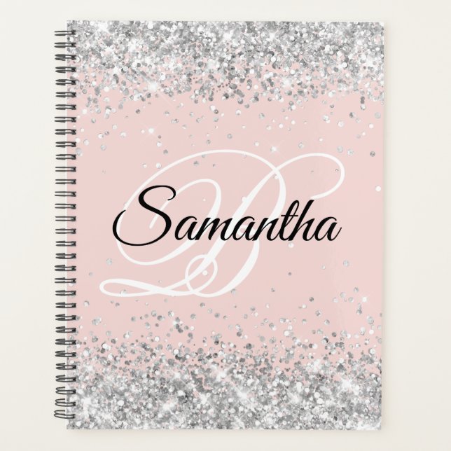 Funkelndes Silber Glitter Blush Fancy Monogramm Planer (Vorderseite)